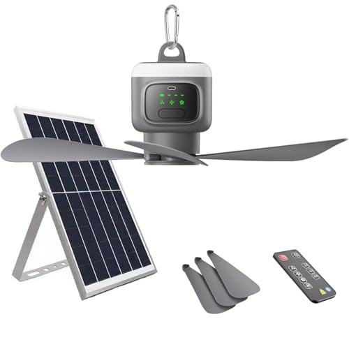TRUYOK Ventilateur de Plafond Solaire Batterie Ventilateur de Camping avec Des Crochets LED Dimmable Ventilateur Plafond avec Télécommande pour Chambre à...