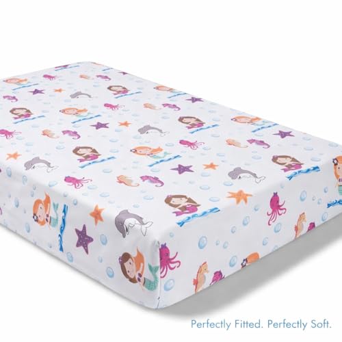 Image of Baby Girl Fitted Crib Sheet Mermaid Adventures, 100% Soft Breathable Microfiber Baby Sheet, Fits Standard Size Crib Mattress 28in x 52in, Nursery Sheet