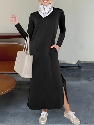 ANRABESS Women Long Sleeve Dresses 2025 Fall Casual Crewneck Loose Fit Split Flowy Wrinkle-Free Travel Vacation Maxi Dress3
