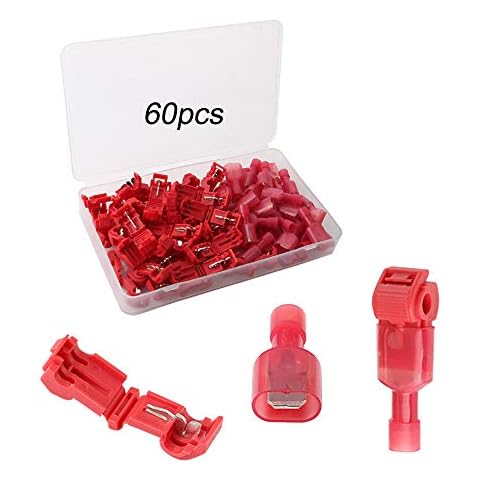 QitinDasen 60Pcs (30 Pairs) Premium T-Tap Wire Terminals Kit, T-Tap Self-Stripping Wire Connectors with Nylon Fully Insulated Male Quick Disconnect (Red) Cover