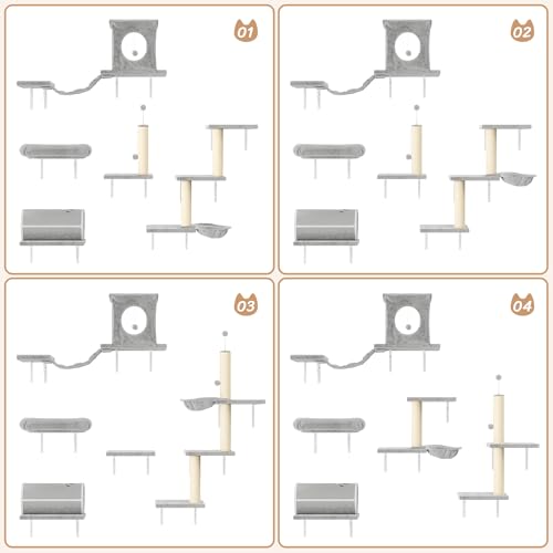 7-in-1 Cat Wall Shelves, Wall Mounted Cat Climber Set, Cat Furniture with House, Tunnel, Bridge, Steps, Scratcher, Hammock, Shelves for Indoor, Gray - Thumbnail 3