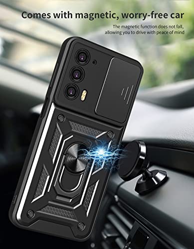Image of Heavy Duty Back Case Cover for Moto Edge 20 5G, Shockproof Moto Edge 20 Back Cover, Ring Case with Kickstand and Camera Protection Shutter - Black