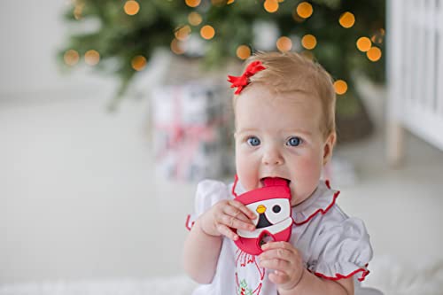 Image of Little Holly Penguin Teether, Holiday Baby Teether Toy, BPA Free Silicone Teething Toy, Babys First Christmas, Soothing Gums Infant Toy