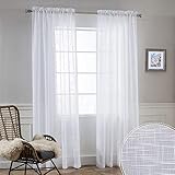 Sheer Curtains for Large Windows - Subtle Linen Fabric Curtains Home Decoration Semi Transparent Solid Curtains High Ceiling Drapes for Patio Door Living Room, White, W 52 x L 95 inch, 2 Panels