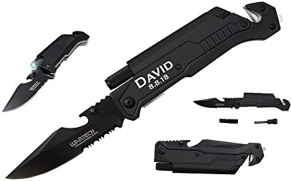 Daylor Engraved Tactical Rescue Knife LED Light Fire Starter Seat Belt Cutter Bottle Opener Glass Breaker Pocket Folding Black Blade Custom Personalized (Black)