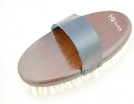 HySHINE Deluxe Goat Hair Wooden Body Brush - Medium Oval Brush with Goat Hair & Leather Strap for Horses & Ponies