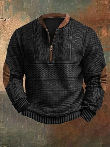 Whitecloths Life Clothing Men, Men's Vintage Knit Print Zip-Up Sweatshirt, Stand Collar Button Sweatshirt3