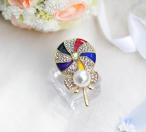 Image of Gyn&Joy Golden Tone Clear Crystal Rhinestone Enamel Faux Pearl Lollipop Candy Brooch Pin Lapel Pin BZ160