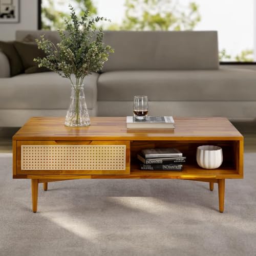 Image of MISAN Solid Sheesham Wood Coffee Table - Elegant Center Table with Two Spacious Drawers | Sturdy & Stylish Wooden Furniture for Home & Living Room (F - Hony)