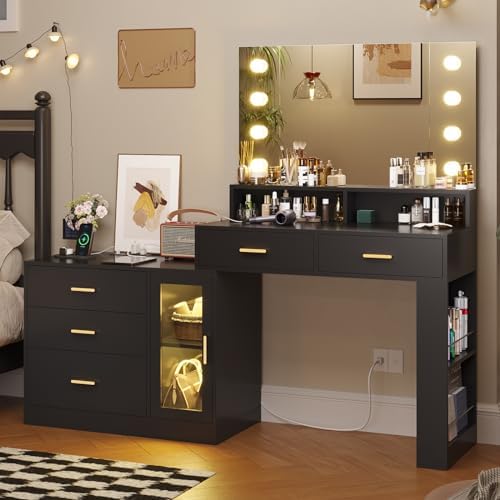MSmask Makeup Vanity Desk with Mirror and Lights, Black