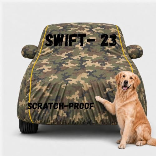 Image of Waterproof Car Cover for Swift 2018-23 | Soft Cotton Lining Heavy Duty Triple Stitched Heat Resistant Outdoor Cover Comes with Mirror and Antenna Pocket Full Bottom Elastic (Jungle)