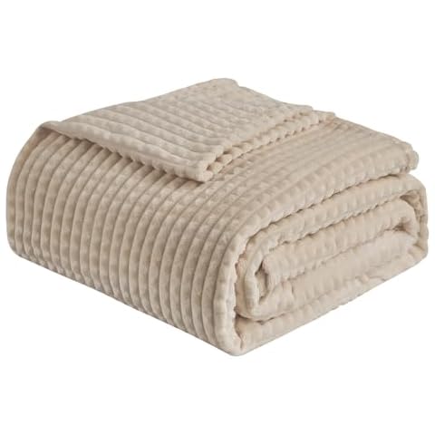 EMME Fleece Blanket, 3D Jacquard Throw Blanket for Couch and Bed, Soft Cozy and Fluffy Blankets Lightweight Luxury Flannel with Geometric Grid Design (Beige, 50'' x 60'') Cover