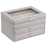 Jewelry Organizer Box for Women, 3 Layer Large Jewelry Boxes with 2 Drawers, Glass Lid Leather Jewelry Storage for Necklaces Earrings Rings Bracelets Watches Travel, Wedding Anniversary Gifts,(Grey)
