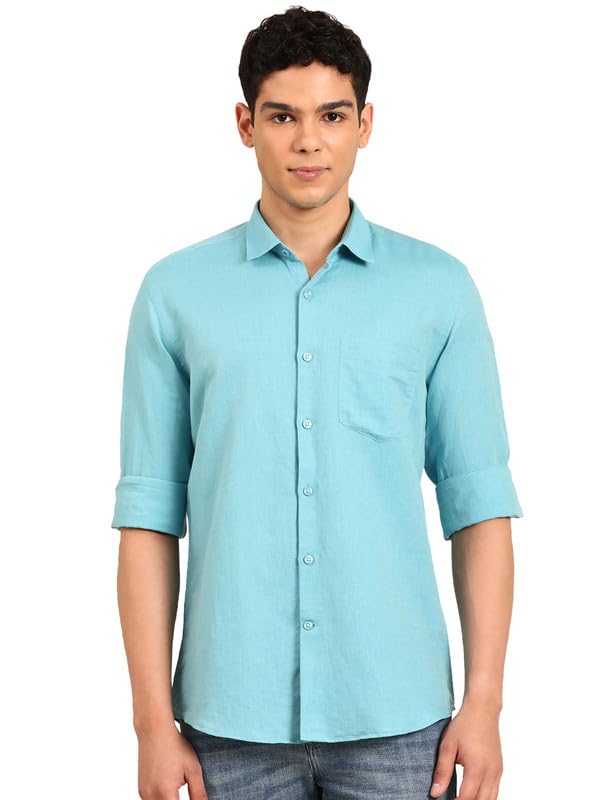 Image of Linen Club Men's Pure Linen Olive Solid Contemporary Fit Full Sleeve Casual Shirt