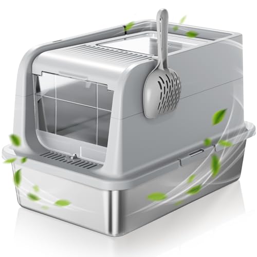 COURPAL® Stainless Steel Cat Litter Box with Lid - Enclosed Open with Adjustable Enclosure Covered Litter Box - Top Front 2 Door Hooded Litter Box: Easy Clean, Non-Stick, Mess Proof