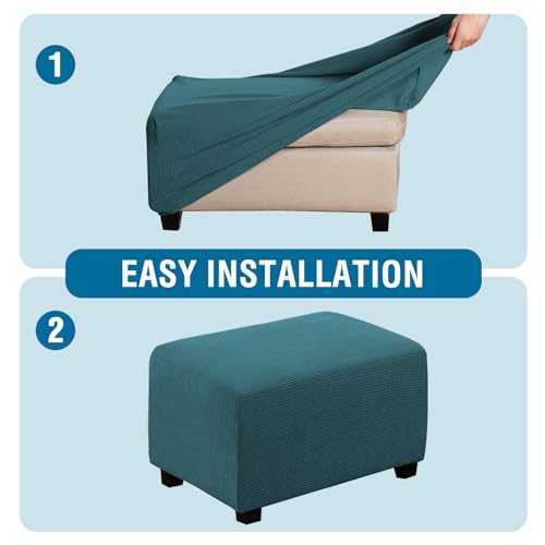 Image of H.VERSAILTEX Ottoman Cover Slipcover Rectangle Fit Length 33'-38' Footrest Sofa Slipcovers Stool Cover Footstool Protector Covers Feature Stretch Thick Jacquard Fabric Removable Washable - Deep Teal