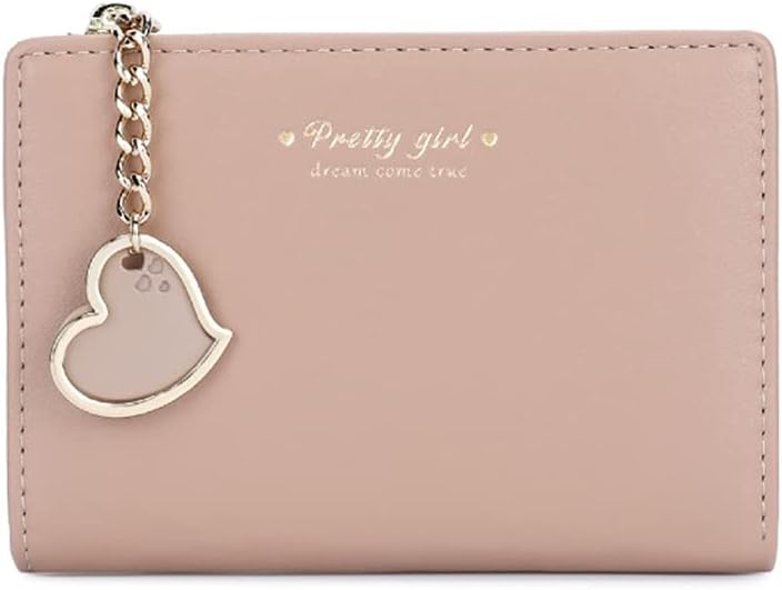 Sunwel Fashion Small Wallet with Heart Pendant Bifold Wallet Zipper Pocket Cash Card Holder Coin Purse for Women Girls (BEIGE)