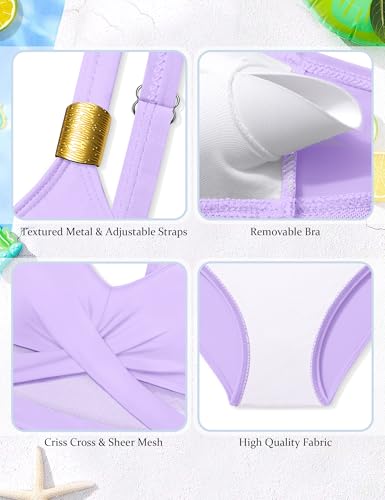 Image of Girls Swimsuit Criss Cross One Piece Swimsuits Wrap Tie Back Sheer Mesh Bathing Suit with Gold Metal Swimwear 9-16Y