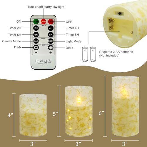 Image of Flickering Flameless Candles, Recessed String Light LED Candles 3D Wick Acrylic Battery Operated LED Pillar Candles with Remote and Timer for Modern Simple Home Decor Set of 3(Gold Flower)