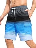 SILKWORLD Men's Swimming Trunks with Cargo Pockets 9' Quick Dry Board Shorts Mens Mesh Lining Bathing Suit,Blue Black Stripe,XL