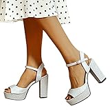 Boshivw Damen Sandalen mit Absatz Open Toe Glitzer Riemchensandalen Sommerschuhe High Heels Pumps Blockabsatz Elegante Frauen Sexy Offene Zehen Knöchelriemen Abend Party Arbeitsschuhe, Silber, 40 EU