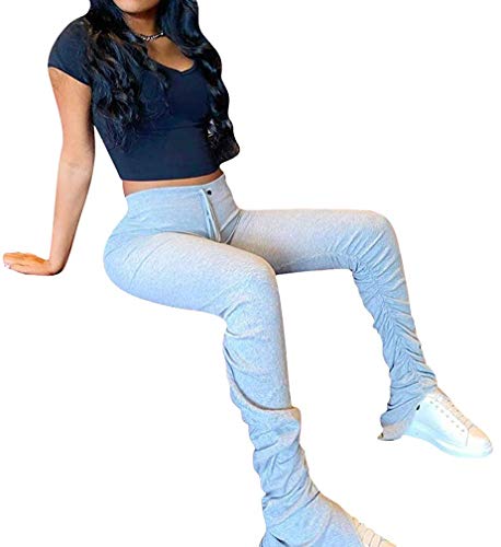 Womens Stacked Leggings Pants, Ladies Casual High Waist Sweatpants Solid Color Split Hem Flare Pants, Workout Active Pants #TOP1
