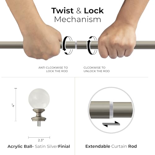 Image of Deco Window 1 Pc 36-66 Inch Extendable Double Curtain Rod with Brackets for Door & Windows Heavy Duty Iron Dual Telescopic Drapery Pole with Acrylic Ball Finials (25mm Diameter, Satin Silver)