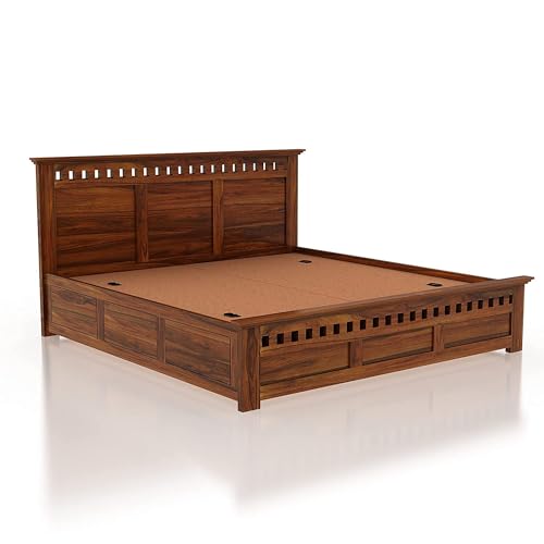 Image of Wooden King Size Bed with Storage | Double Bed Cot Bed with Box Storage for Bedroom & Hotel | Sheesham Wood | Natural Teak Finish | Recommended Mattress Size: 78X72