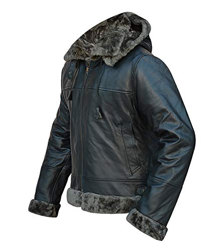 Mens Sheepskin Hooded Aviator Fur Shearling Jacket | Bomber Flight Pilot Black Leather Jacket | Removable Hoodie3