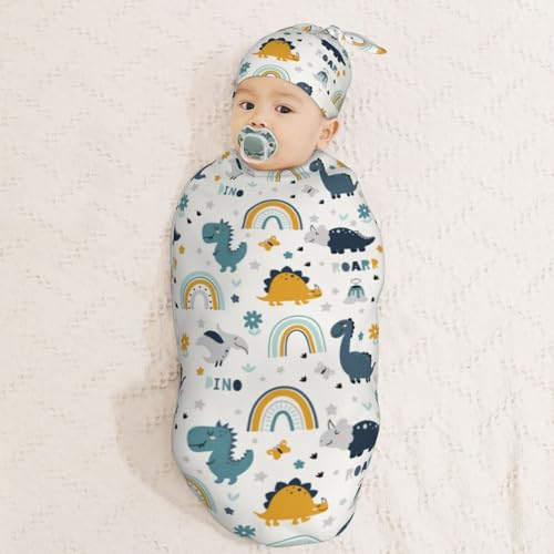 Image of Dinosaurs and Rainbows Newborn Swaddle Blankets Hat Sets Soft Baby Receiving Blanket Swaddle Sack for Baby Shower Infant Boy Girl Gift