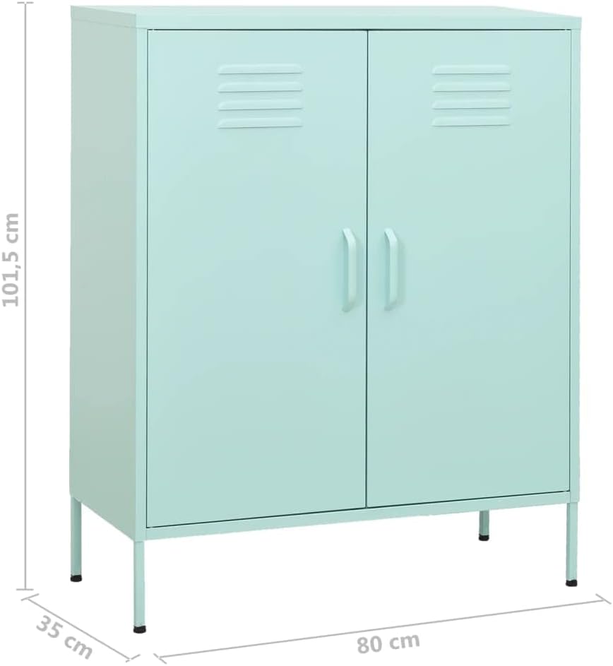Diagram showing the dimensions of the mint green steel storage cabinet