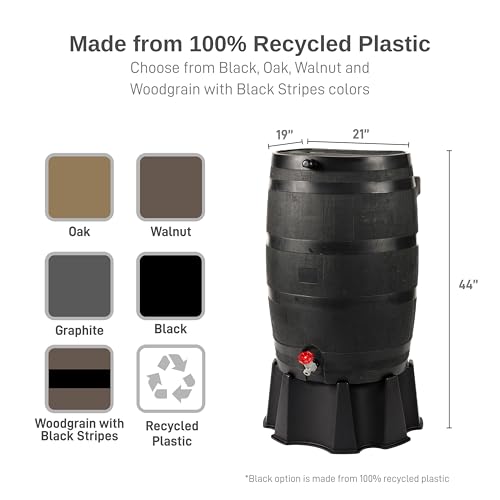 Image of RTS Home Accents 50-Gallon ECO Rain Barrel Made with 100% Recycled Plastic, Flat Back Rain Water Collection Barrel, Stand and Link Kit Included, Black (2 Pack)