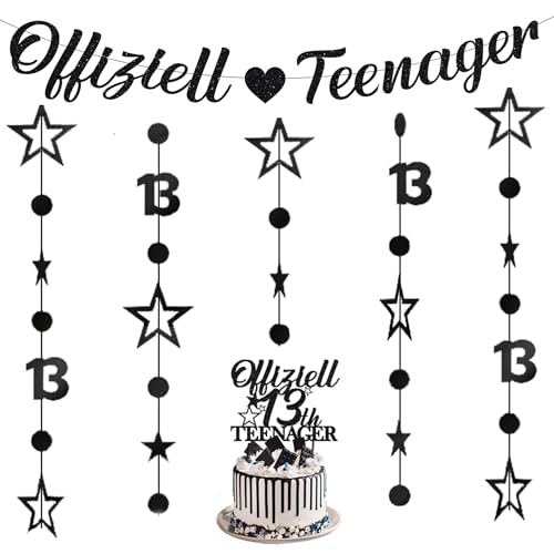 Deko 13. Geburtstag Mädchen Junge - Offizielle Teenager 13. Geburtstagsdeko Banner Glitzer Tortendeko 13 Years Old Birthday Twinkle Star Girlande Hanging Streamer (Schwarz)