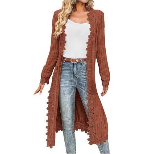 Women Ribbed Knit Maxi Sweater Cardigan, Long Sleeve Open Front Lace Trim Casual Tops Loose Comfy Fall Trendy Cardigans