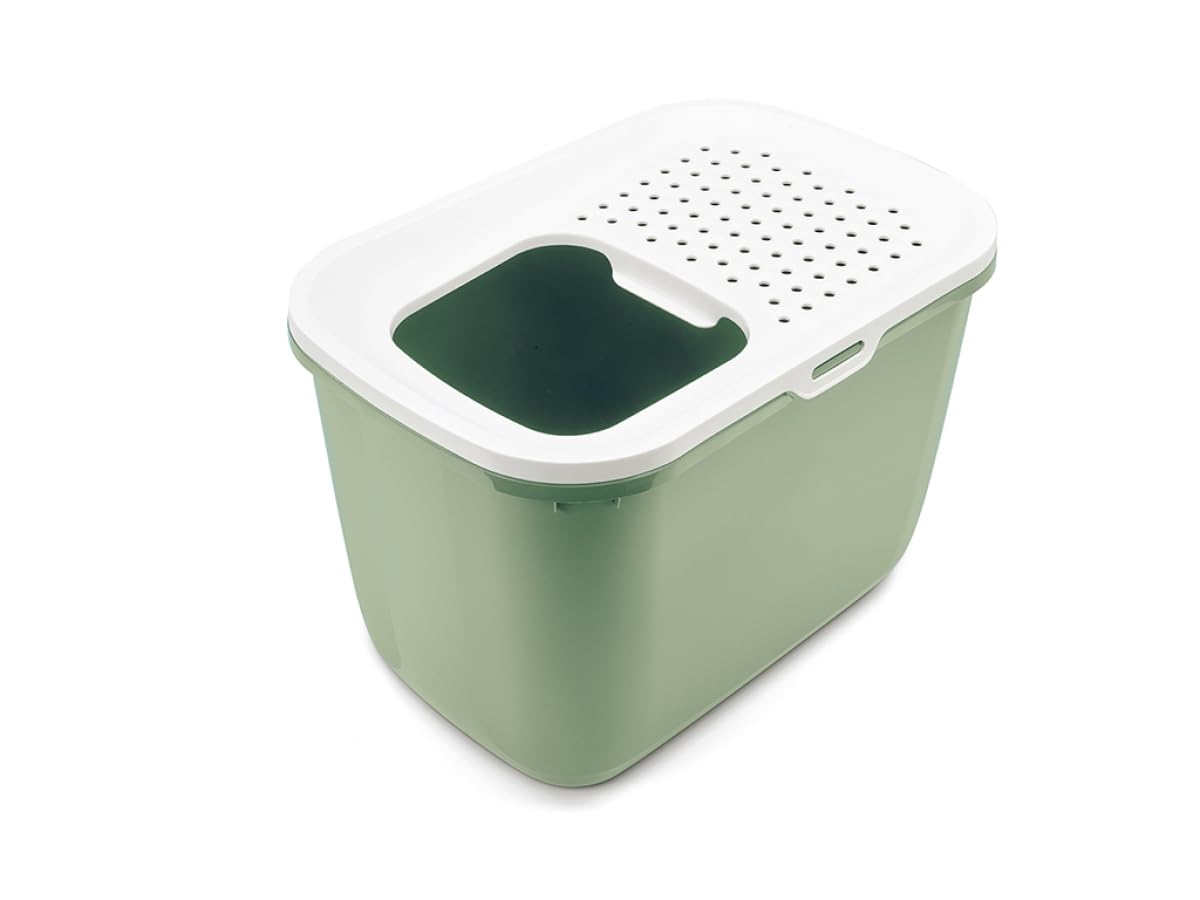 bac litiere pour Chat - Hop in Botanical Green - entrée par Le Haut - Couvercle perforé - côtés Hauts Anti-Projections - 58,5 x 39 x 39,5 cm