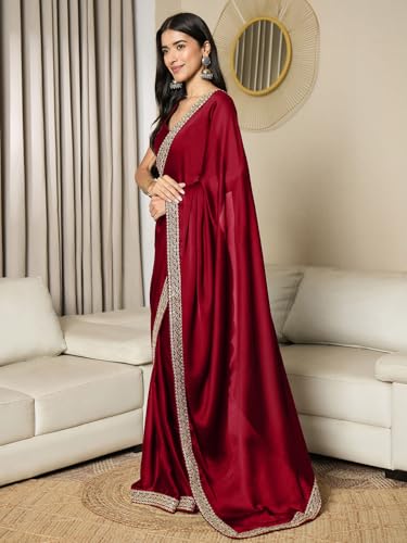 Image of AKHILAM Women's Satin Solid Ready To Wear one Minute Saree with Unstitched Blouse Piece