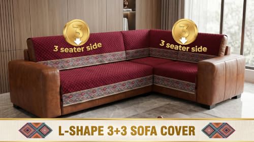 Image of KINGLY L-Shape Sofa Cover 6 Seater 3+3 Velvet Full Cover - Maroon | Fully covered quilted velvet slipcover, washable anti-slip furniture protector, L-type corner sofa cover for living room