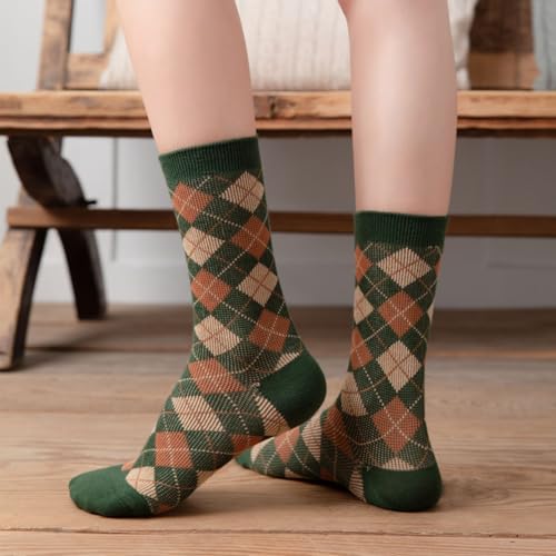 Argyle Socks Retro High Ankle Women Cotton 5 Pairs Double-Needle Double-Layer British Style4