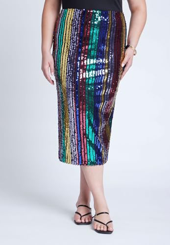 ELOQUII Women's Plus Size Rainbow Striped Sequin Midi Skirt2