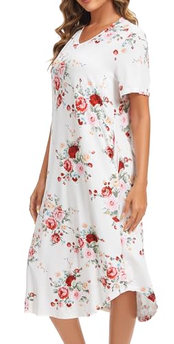 Image of Kabento Nightgowns for Women Cotton Short Sleeve Long Night Gowns with Pockets