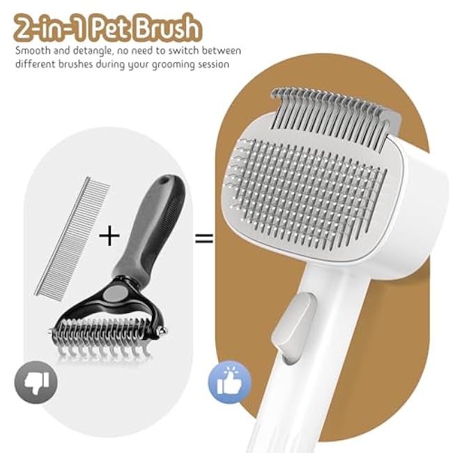 Dog & Cat Brush for Shedding, 2 in 1 Self Cleaning Deshedding Brush with Adjustable Bristle Length & Dematting Comb, Skin Friendly Grooming Tool for Long & Medium-Long Hair Pets-LlsWcl92