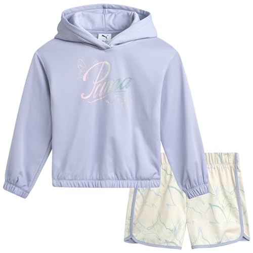 Recopilación de Conjuntos deportivos para Niña , listamos los 10 mejores. 46 PUMA - Conjunto de pantalones cortos para niñas, 2 piezas, sudadera con capucha y pantalones cortos, conjunto de ropa activa para niñas (Tallas: S-L), Clima fresco, Medium