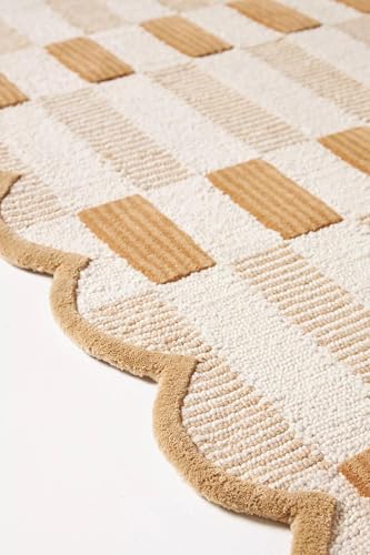 Image of Hand-Tufted Wool Area Rug - 3x5 Ft, Neutral Beige & Warm Caramel Plaid Design with Elegant Scalloped Edges, Soft Handmade Plush Carpet with Cotton Backing for Living Room, Bedroom & Nursery