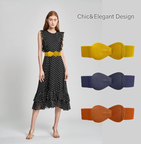 Women 8-Shaped Elastic Belts Stretchy Leather Waistband Wide Stretch Women Dress Belt with Interlock Buckle2