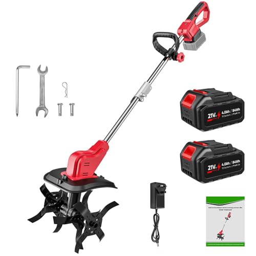 Electric Tiller, 21V Cordless Battery Tiller with 4.0Ah Battery, Three Types of Blades, Double Safety Switch, 30CM Width and 22CM Depth for Gardening and Cultivating
