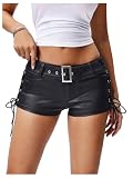 MakeMeChic Women's PU Leather Micro Shorts Lace Up Ruched Low Waist Belted Y2K Rave Going Out Shorts Concert Outfits Black Small