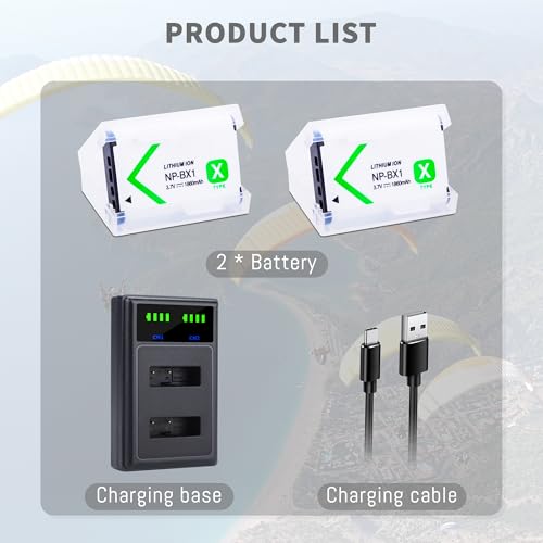 NP-BX1 Battery 2-Pack and Dual USB Charger Compatible for Sony NP-BX1/M8, ZV-1, ZV-1 II, Cyber-Shot DSC-HX80, HX90V, HX95, HX99, HX350, RX1, RX1R II, RX100 (II/III/IV/V/VA/VI/VII), FDR-X3000, HDR-AS50
