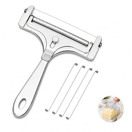 Trancheur Manuel à Fromage, Apportez Jeu de 4 Fils de Rechange, Coupe Fromage de En Inox, Roulette, Réglables en Épaisseur, coupe-beurre portable pour bloc...