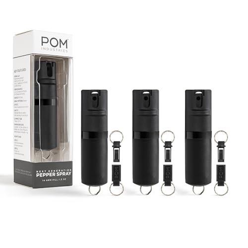POM Pepper Spray Keychain, Quick Key Release for Instant Access, Flip Top Safety, Maximum Strength OC Formula with UV Marking Dye, 25 Bursts, 10 ft Range, 0.5 fl oz