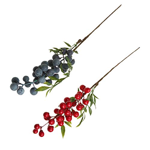2 peças de plantas de folhagem artificial, flores e frutas, ramos de mirtilos, buquê de casamento, f